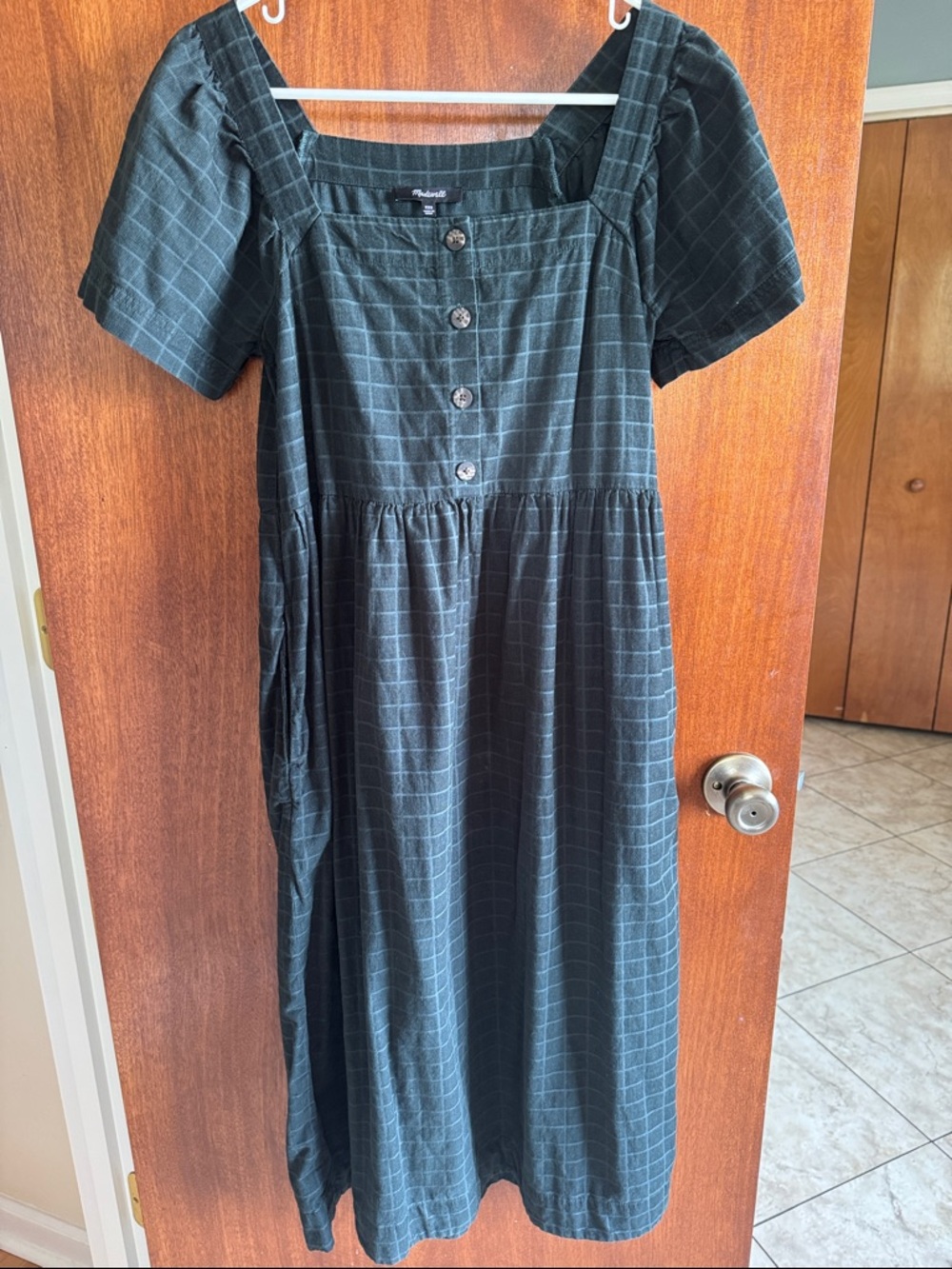 Madewell Green Windowpane Square-Neck Midi Dress